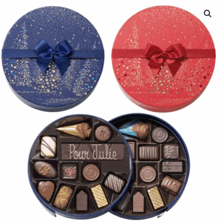 Boite de Noël ronde rouge ou bleue – 25 chocolats assortis et sa barre gourmande
